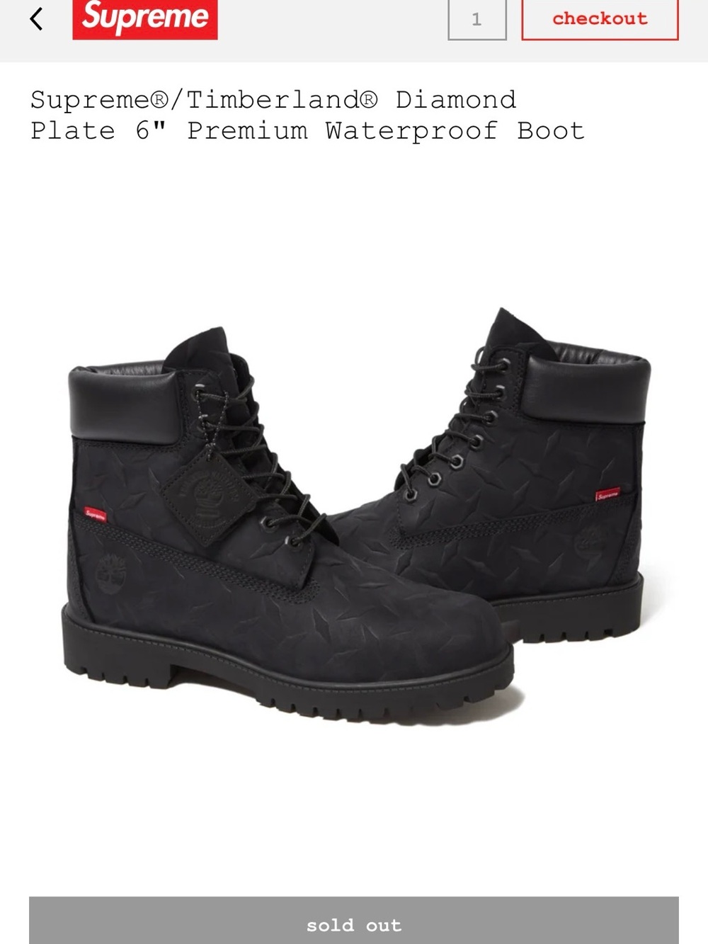 Supreme / Timberland Diamond-Plate 6" Premium Waterproof Boot “Black” Sz-10.5